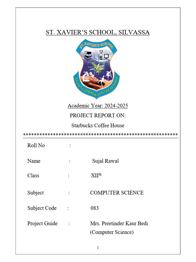 Starbucks Project Computer Scince Class 12 | PDF | Databases | Computing