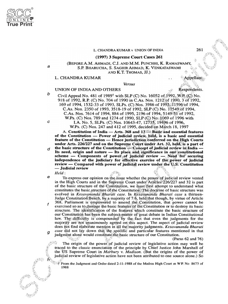 L. chandra kumar vs UOI | PDF | Separation Of Powers | Government ...