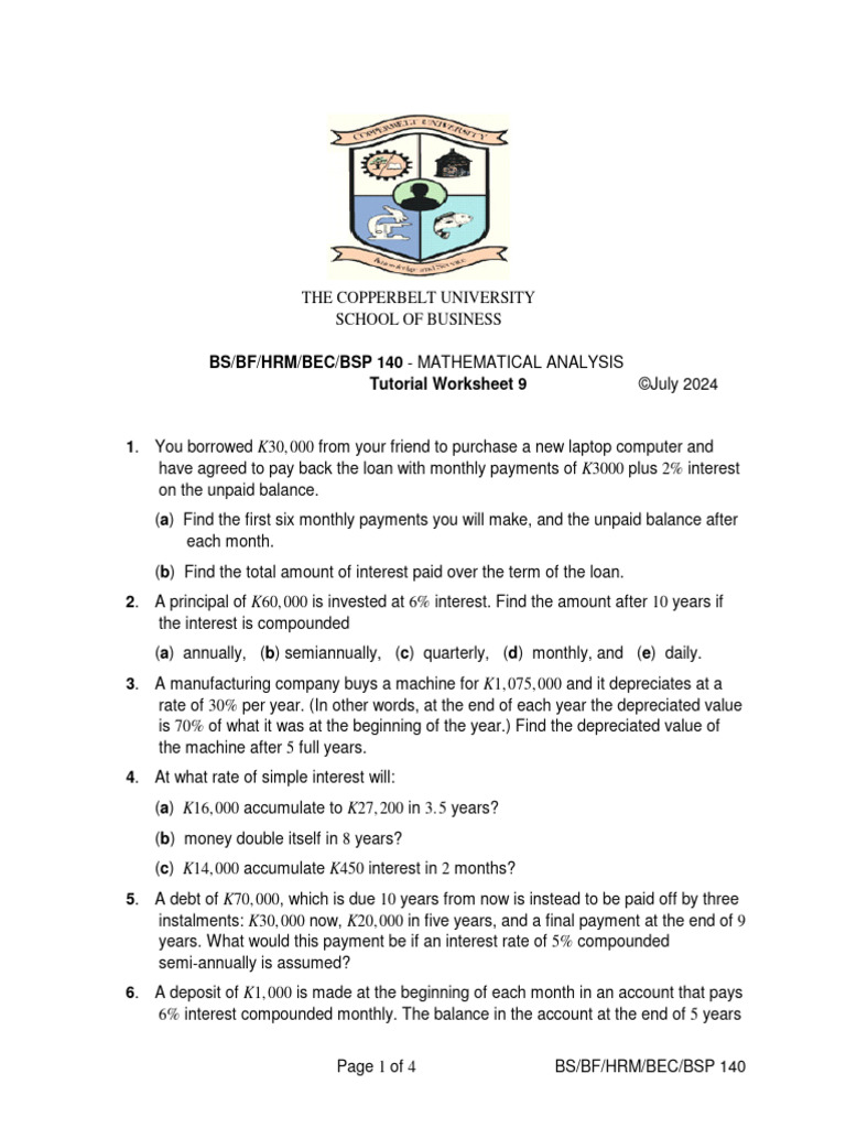 Mathematical Analysis Tutorial Worksheet | PDF | Net Present Value ...