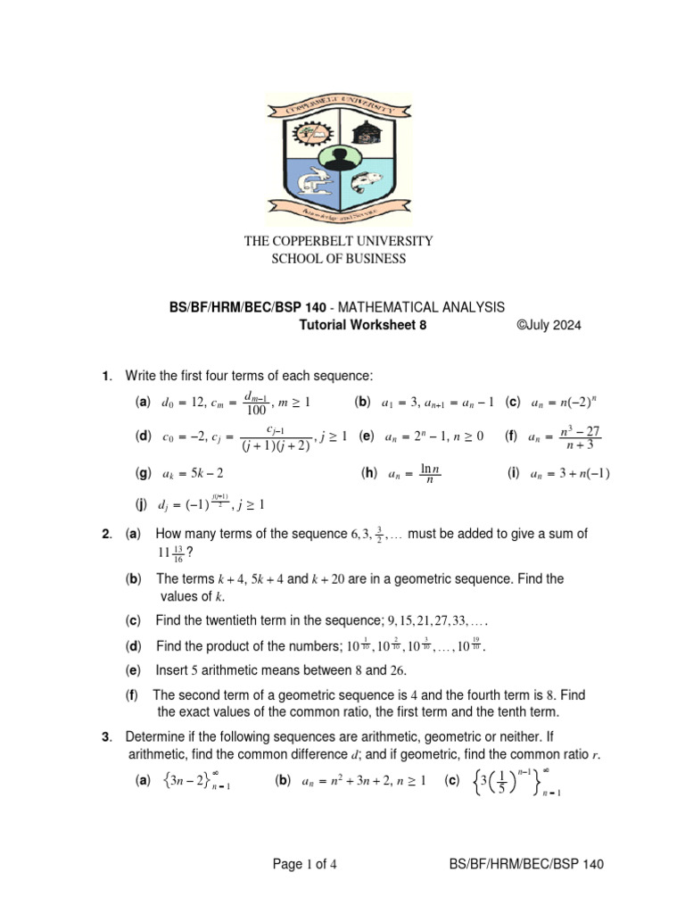 Mathematical Analysis Tutorial Worksheet | PDF | Summation | Arithmetic