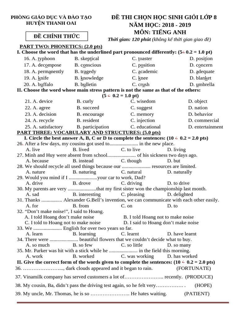Grade 8 English Exam Paper 2018-2019 | PDF