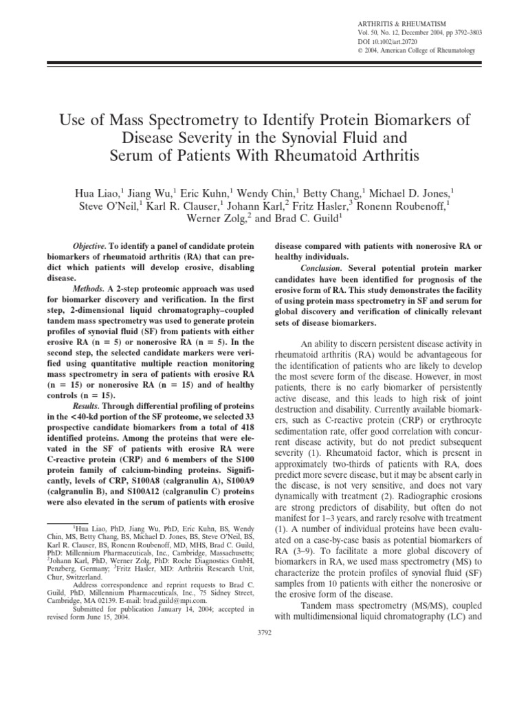 Use of Mass Spectrometry To Identify Protein Biomarkers of | PDF ...