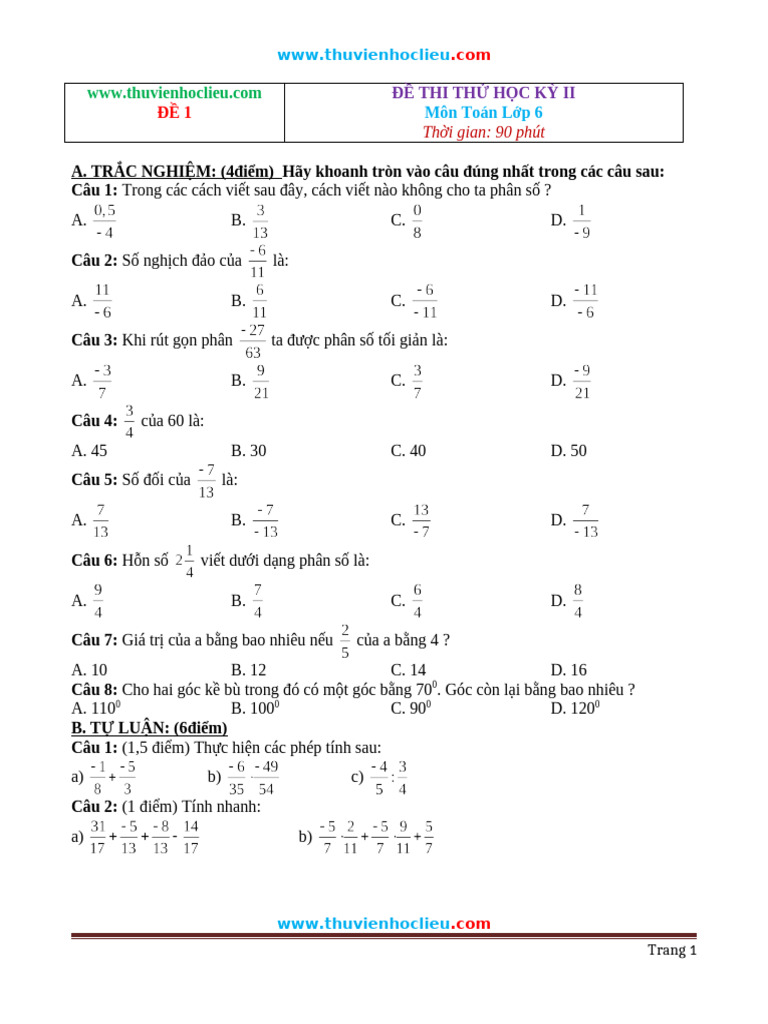 14 de Thi Hoc Ky 2 Toan 6 Dap An | PDF