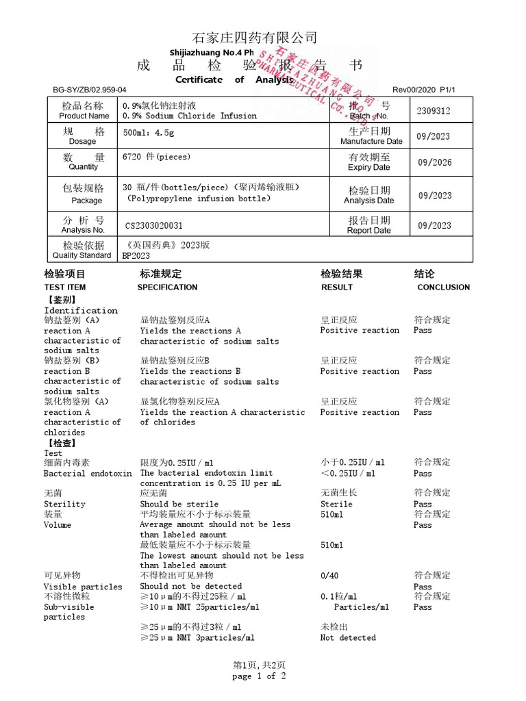 Coa Sodium Chloride Injection 2309312-Bp2023 | PDF