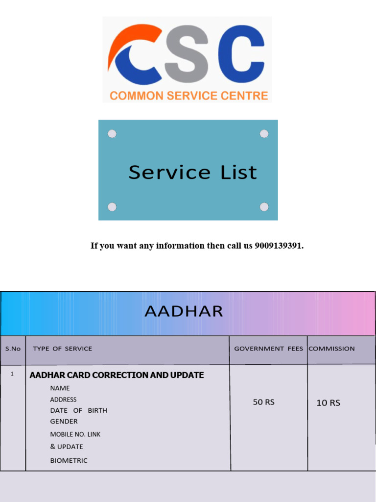 Comprehensive Service List for AADHAR, GST, Loans, and Insurance | PDF ...