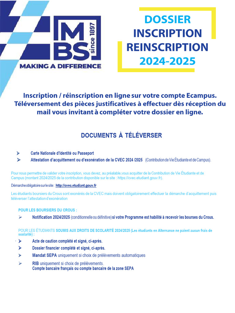 Dossier D'inscription MBS 24-25 FR | PDF | Virement bancaire