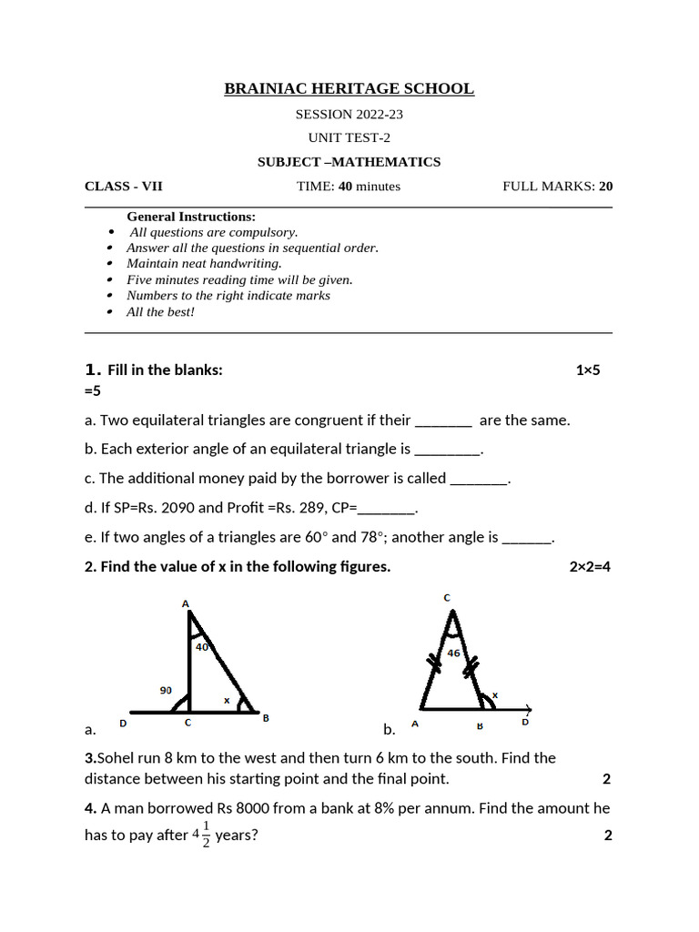 Unit Test 2, Vii, Maths | PDF
