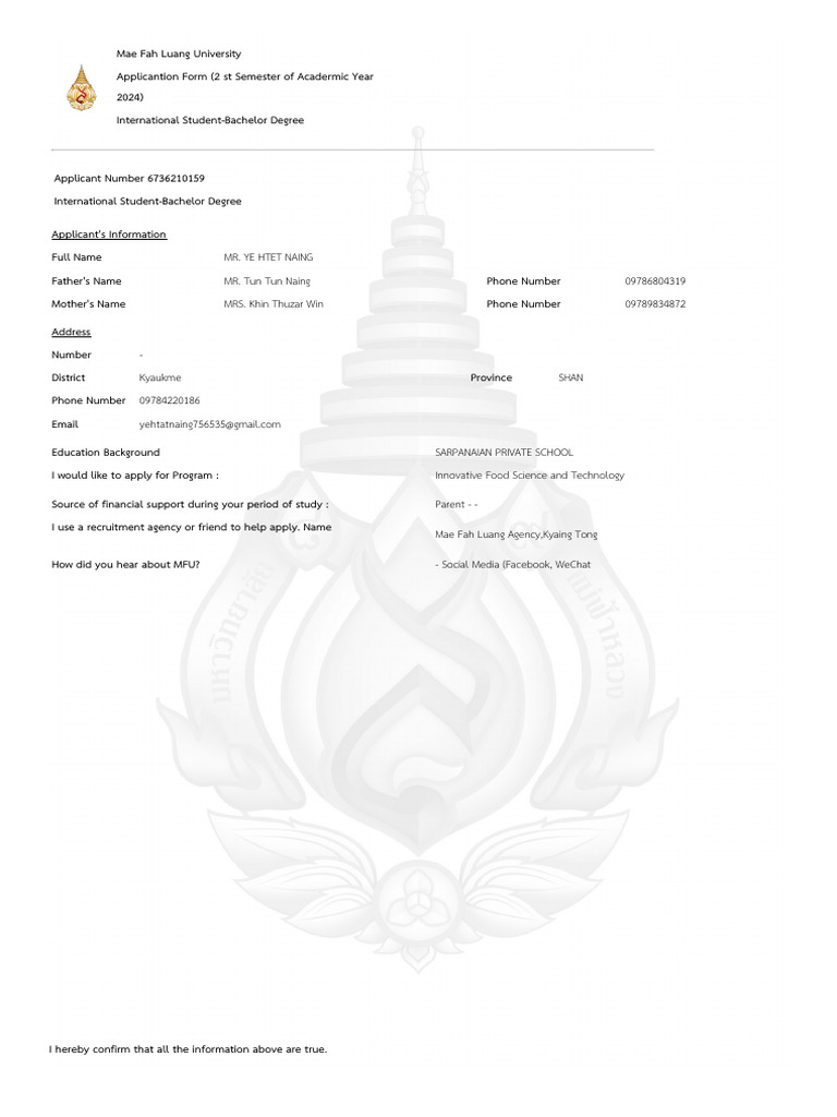 Mae Fah Luang University Application Form | PDF