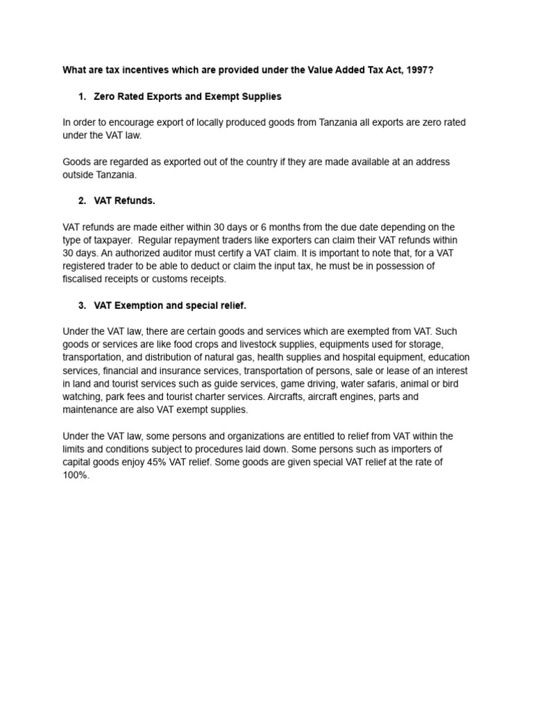 Tax Incentives Under VAT Act 1997 | PDF