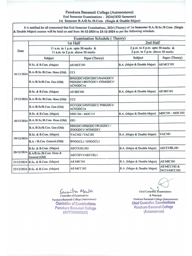 1st Semester Exam Schedule | PDF