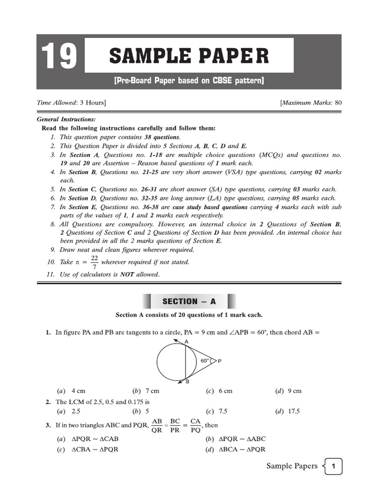 Cbse Cl10 Ead Mathematics Pre-Board Paper 19 | PDF