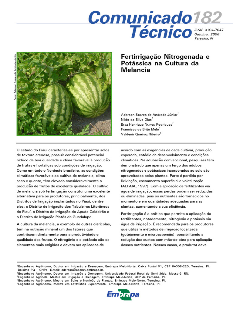 Fertirrig Nitrog e Potassica Na Melancia - Documentos 182 | PDF ...