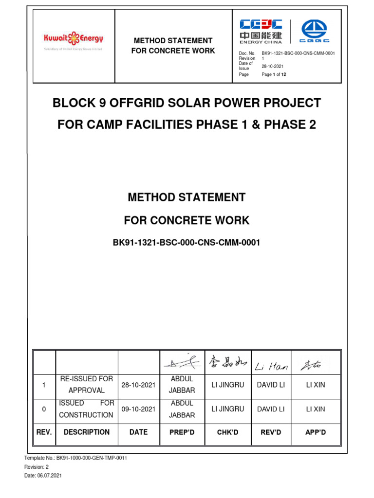 Method Statement For Concrete Work | PDF | Concrete | Construction ...