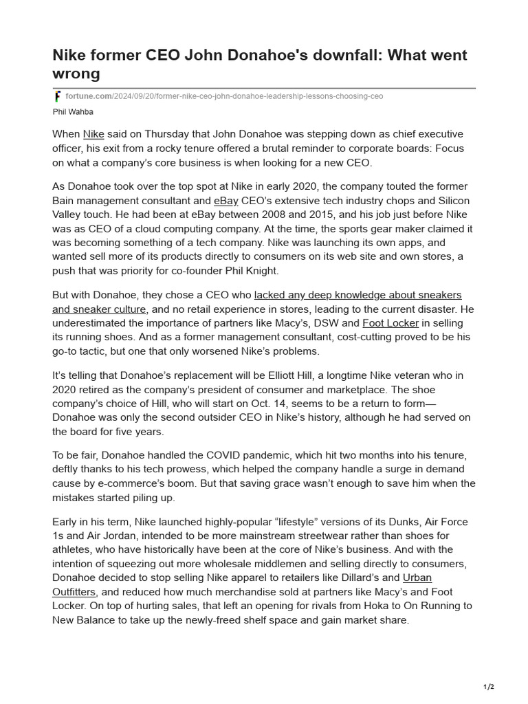 Nike Former CEO John Donahoes Downfall What Went Wrong PDF Nike Shoe