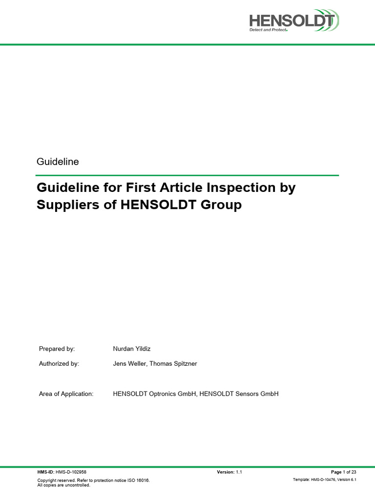 Guideline For First Article Inspection by Suppliers of HENSOLDT Group ...