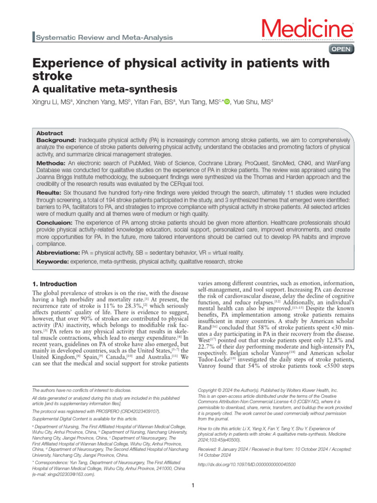 Experience of Physical Activity in Patients With.27 | PDF | Stroke ...