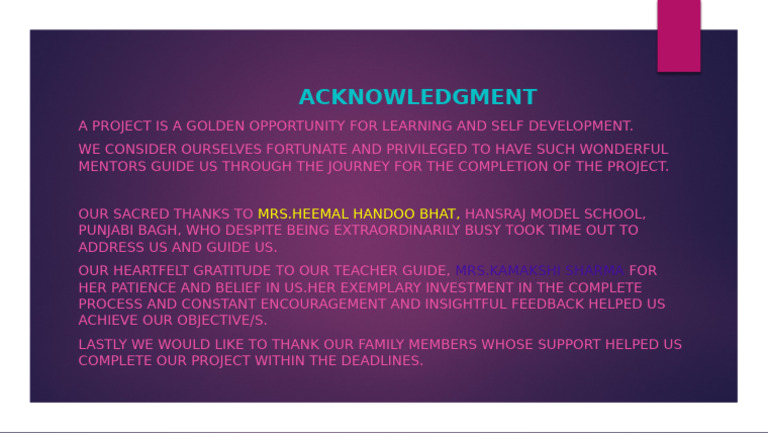 Acknowledgment to Heemal Handoo Bhat | PDF