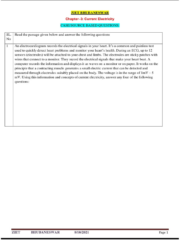 Physics XII CH 3 MCQ Case Study Current Electricity | PDF