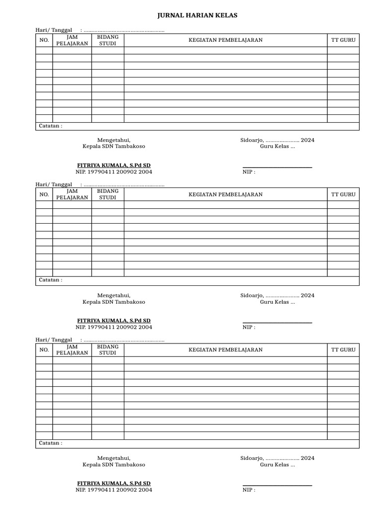 Jurnal Harian Pembelajaran Kelas SD | PDF