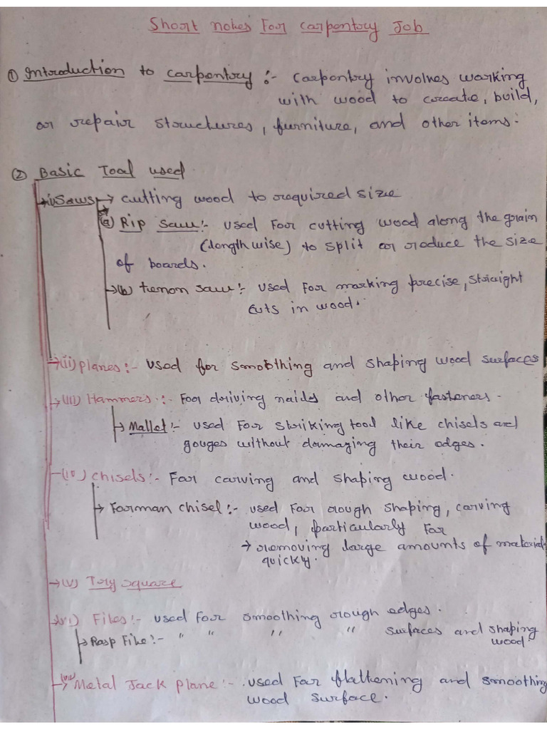 Short Notes For Carpentry and Moulding Job in Workshop | PDF