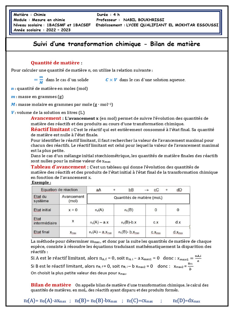 Bilan de matière en chimie : méthodes et concepts | PDF | Chimie ...