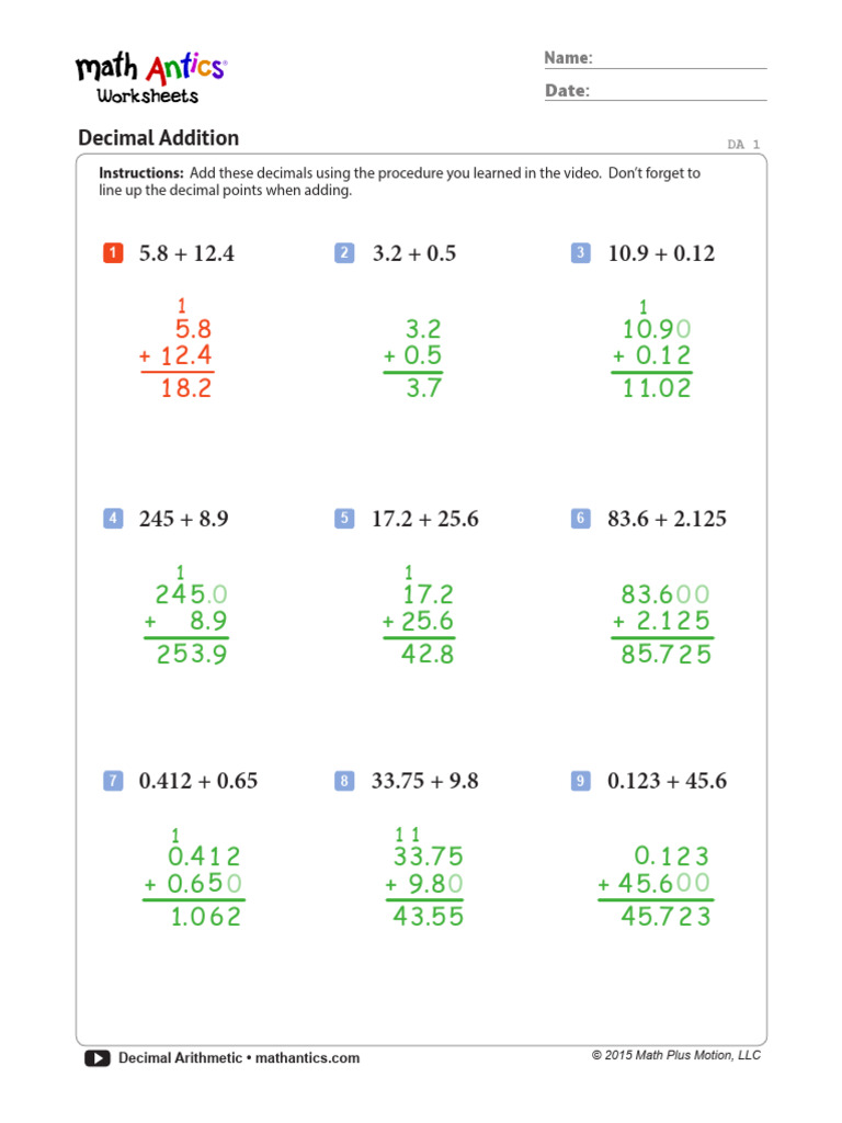 Math Antics Worksheets Decimal Arithmetic Answers PDF