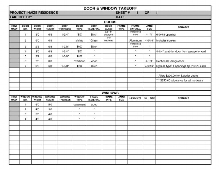 Door and Window Takeoff Sheet | PDF