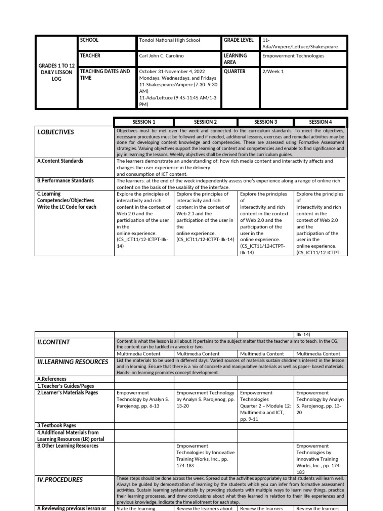 Grade 11 Empowerment Tech Lesson Plan | PDF | Learning | Multimedia