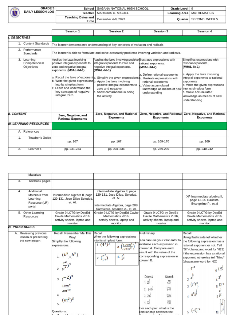 Grade 9 Math Lesson on Exponents | PDF | Exponentiation | Numbers