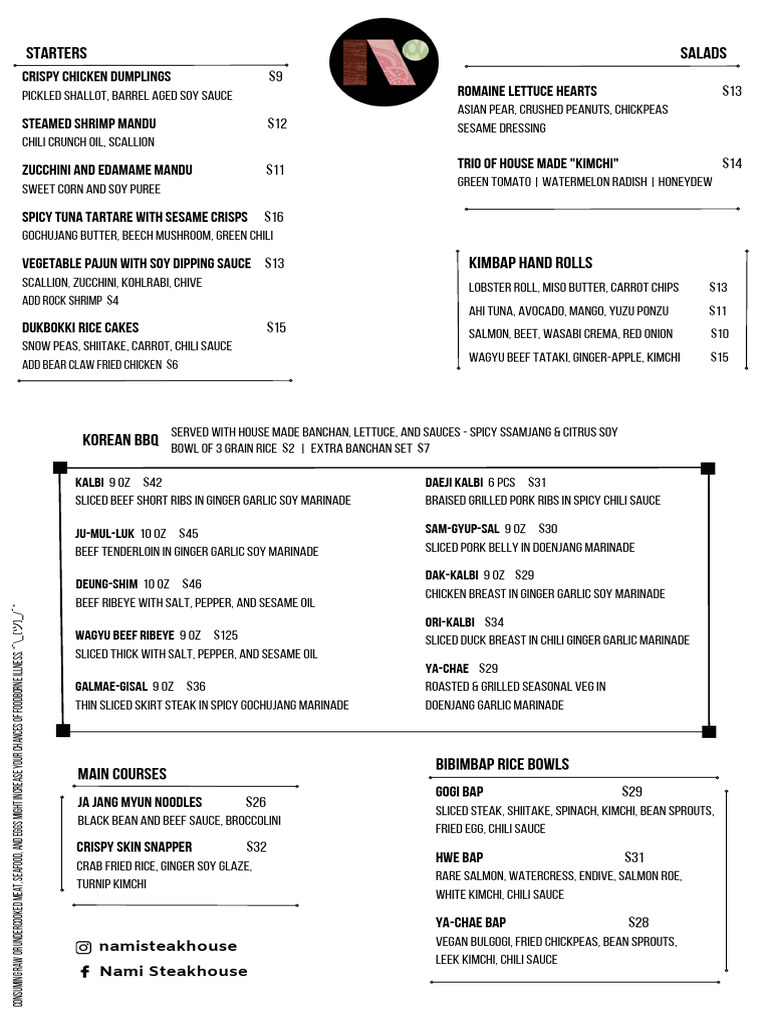 Nami Steakhouse Menu Highlights | PDF | Sauce | Foods