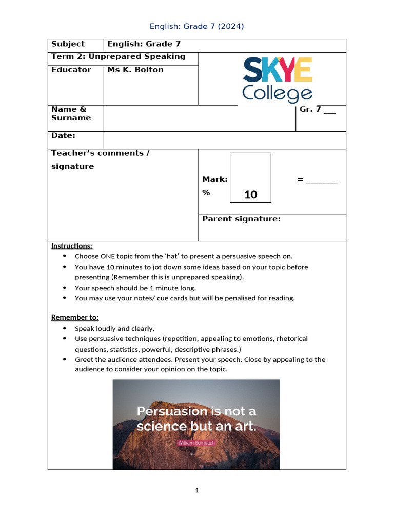 Grade 7 Persuasive Speech Guide Pdf Vocabulary Human Communication