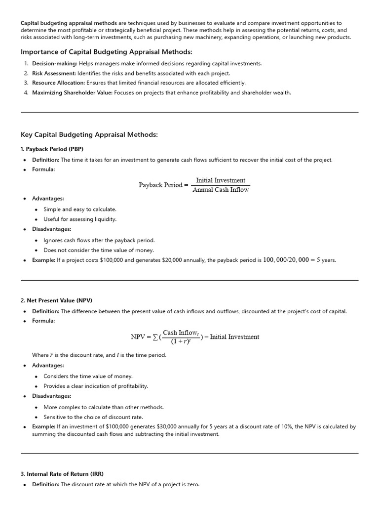 Capital Budgeting Appraisal Methods | PDF | Capital Budgeting | Net ...