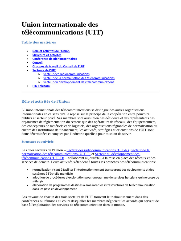 Rôle et structure de l'UIT | PDF | Union internationale des ...