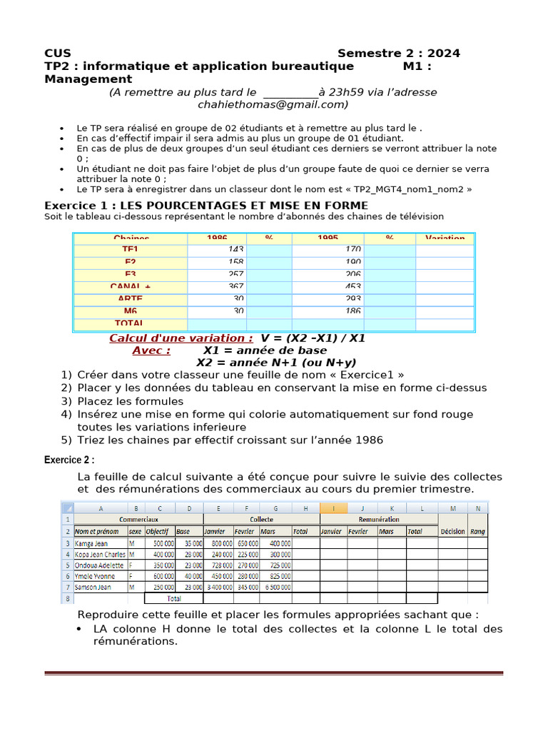 TP Informatique Bureautique Semestre 2 | PDF | Microsoft Excel ...