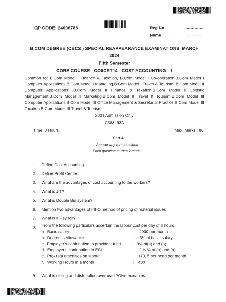 Cost Accounting Question Paper 2024 | PDF | Cost | Cost Accounting