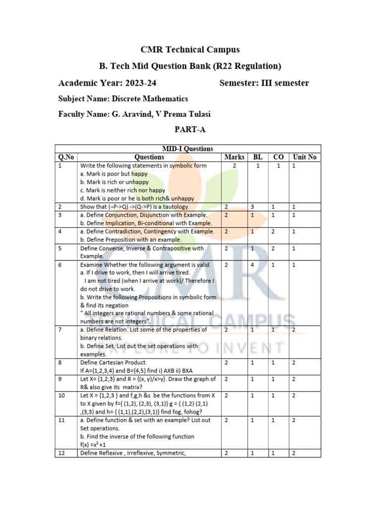 B.Tech R22 Mid Question Bank DM | PDF | Group (Mathematics ...