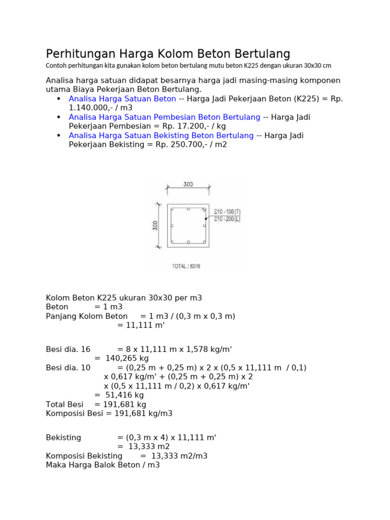Perhitungan Harga Kolom Beton K225 | PDF