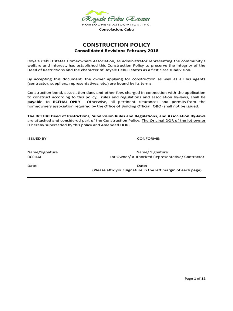 Construction Policy for Royale Cebu Estates | PDF | Fine (Penalty) | Deed