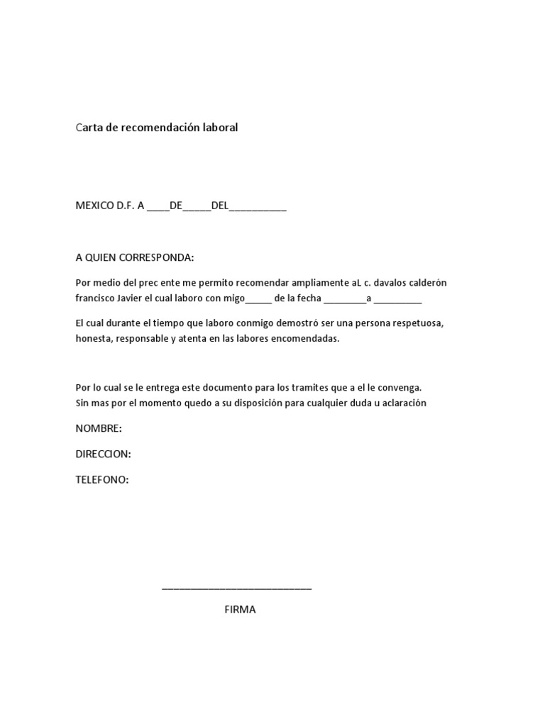 Carta De Recomendaci n Laboral
