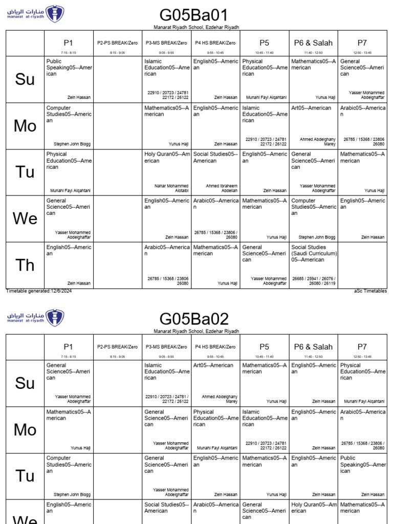 Manarat Riyadh School Timetable 2024 | PDF
