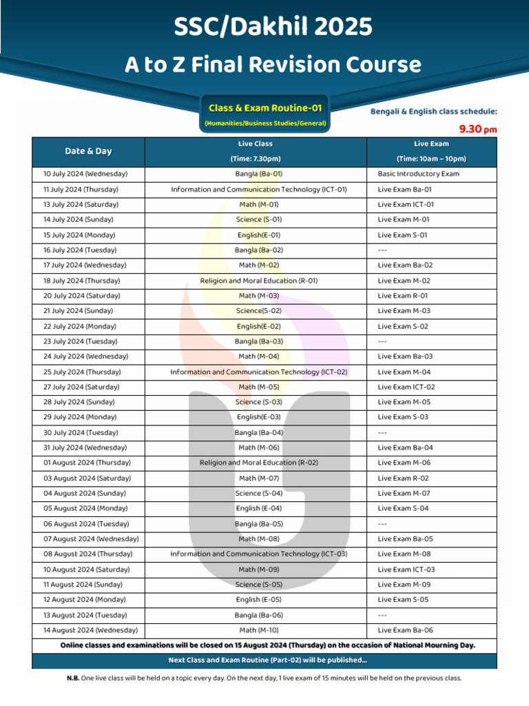 Final Revision Course: Class & Exam Routine-01 | PDF