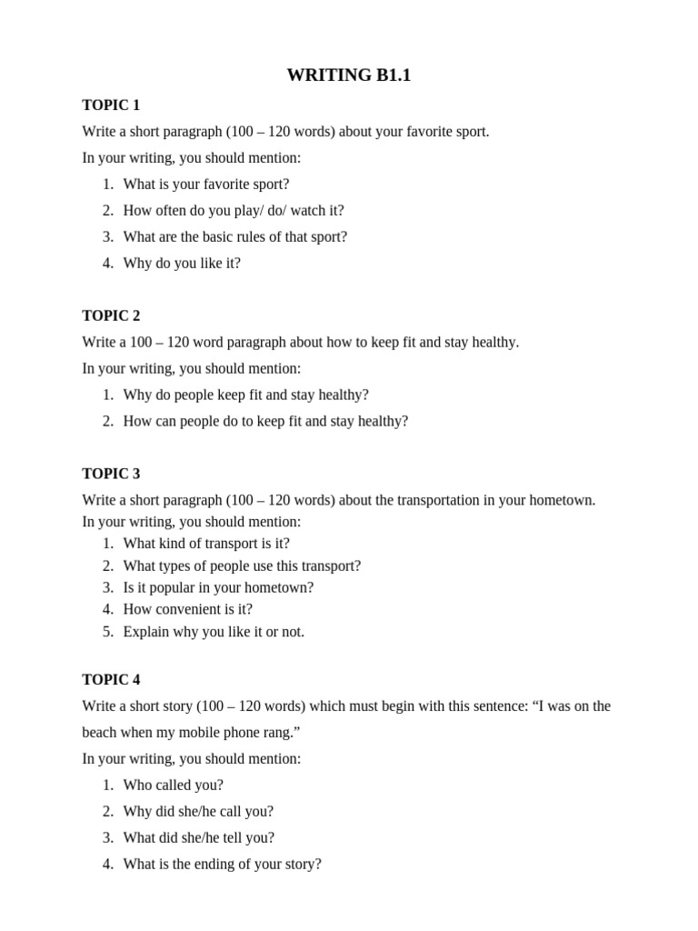 TOPICS CÁC ĐỀ VIẾT B1.1 & B1.2 | PDF