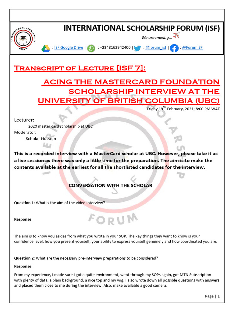 MasterCard Scholarship Interview Tips UBC | PDF