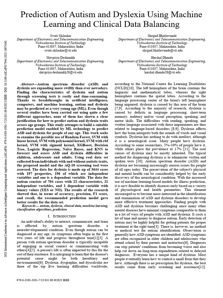 Prediction of Autism and Dyslexia Using Machine Learning and Clinical ...