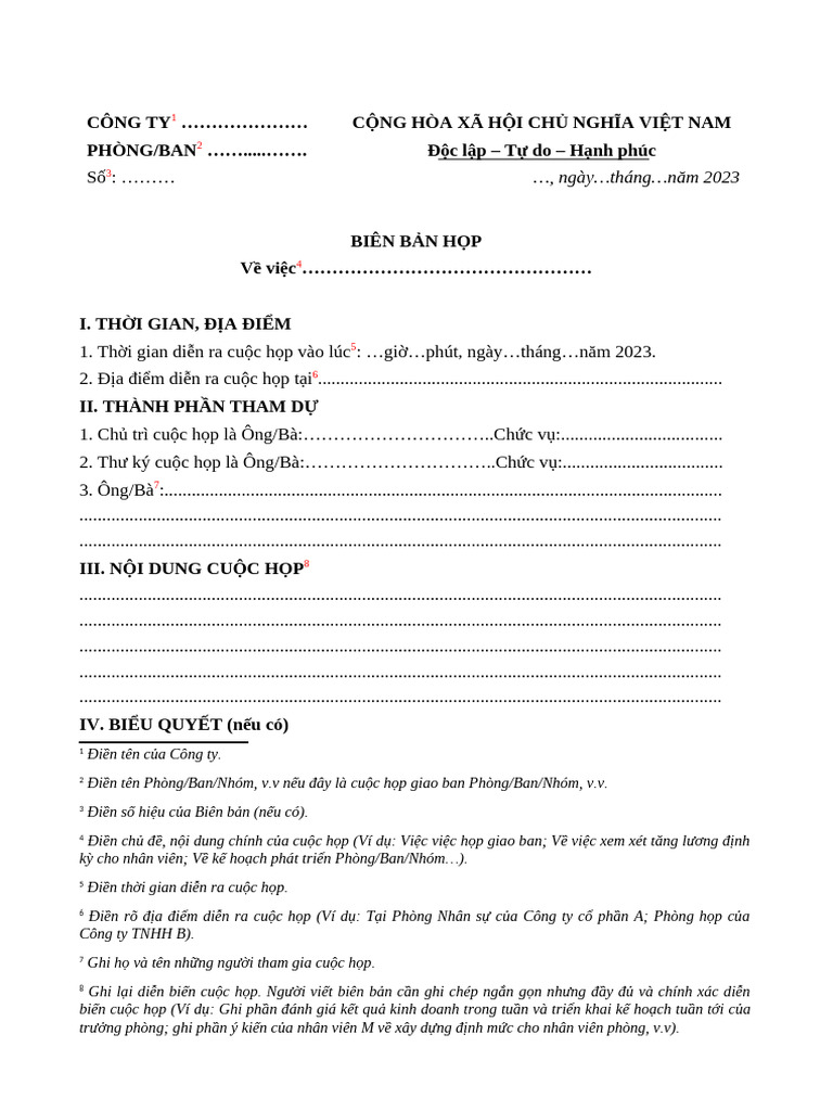 Mẫu biên bản họp giao ban năm 2023 | PDF