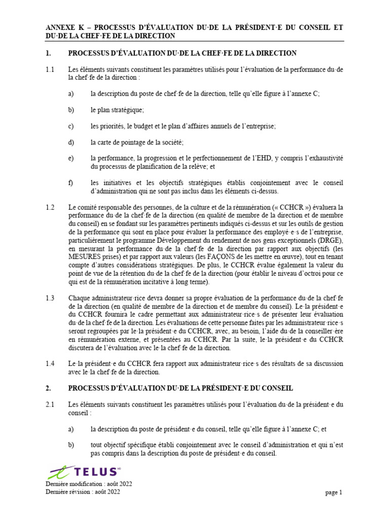 Évaluation du Président et de la PDG | PDF | Gouvernance
