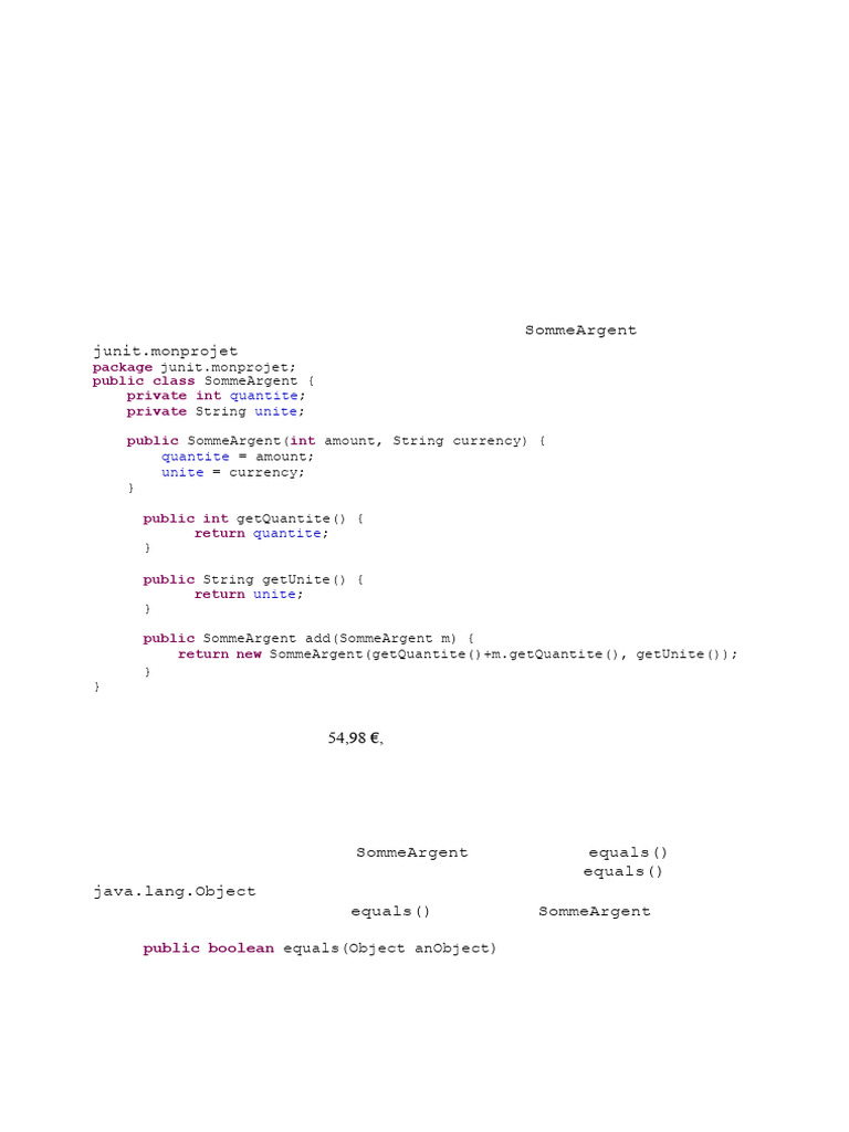Projet JUnit 4 : Tests de SommeArgent | PDF | Java (Langage de ...