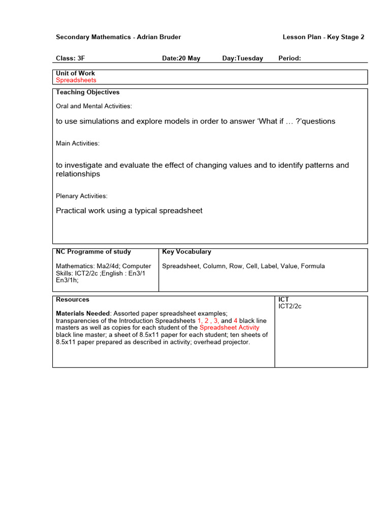 typical Lesson Plan | PDF | Spreadsheet | Formula