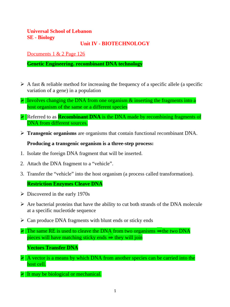 SE- Bio - Unit 4- notes | PDF | Recombinant Dna | Dna
