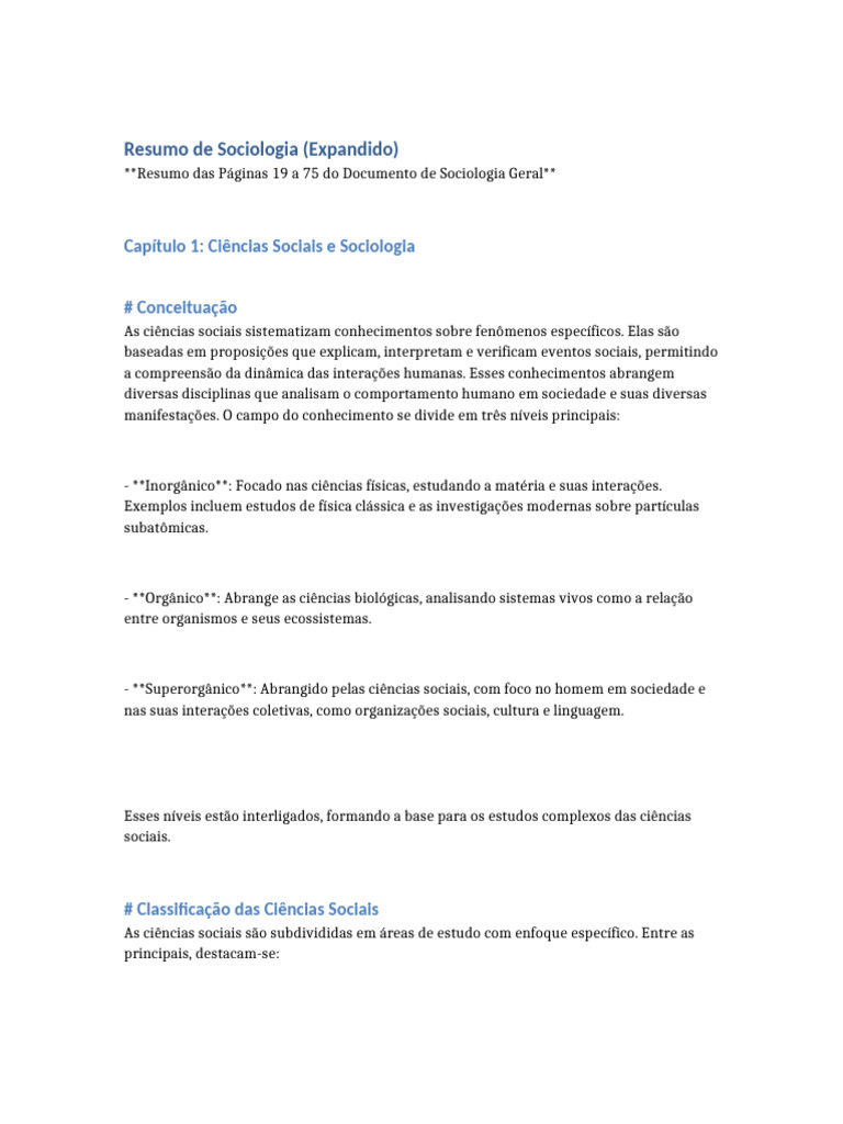 Resumo de Sociologia: Ciências Sociais e Estruturas | PDF | Sociologia ...